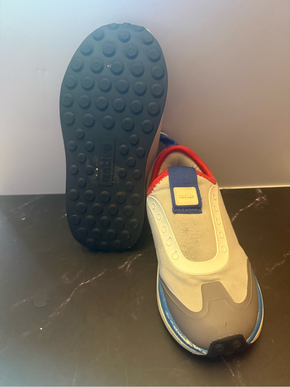 Native Slip-On Sneakers in Gray, Blue & Red